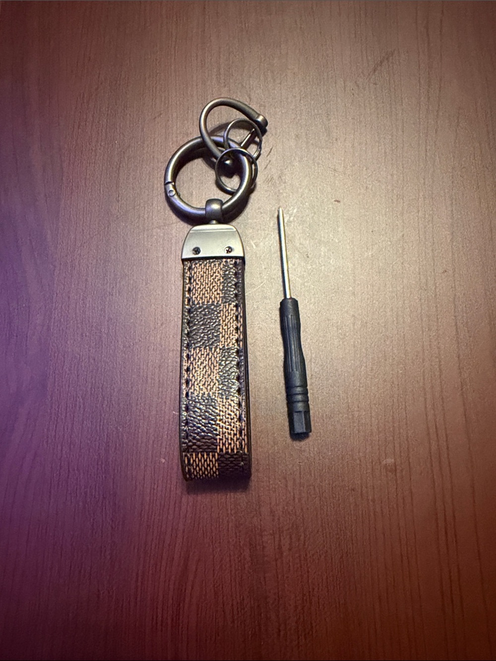 Leather Check Pattern Keyring Strap - Brown